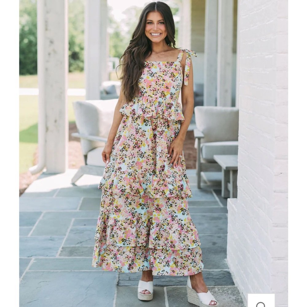 Shoulder Tie Ruffled Maxi Dress-Floral Print